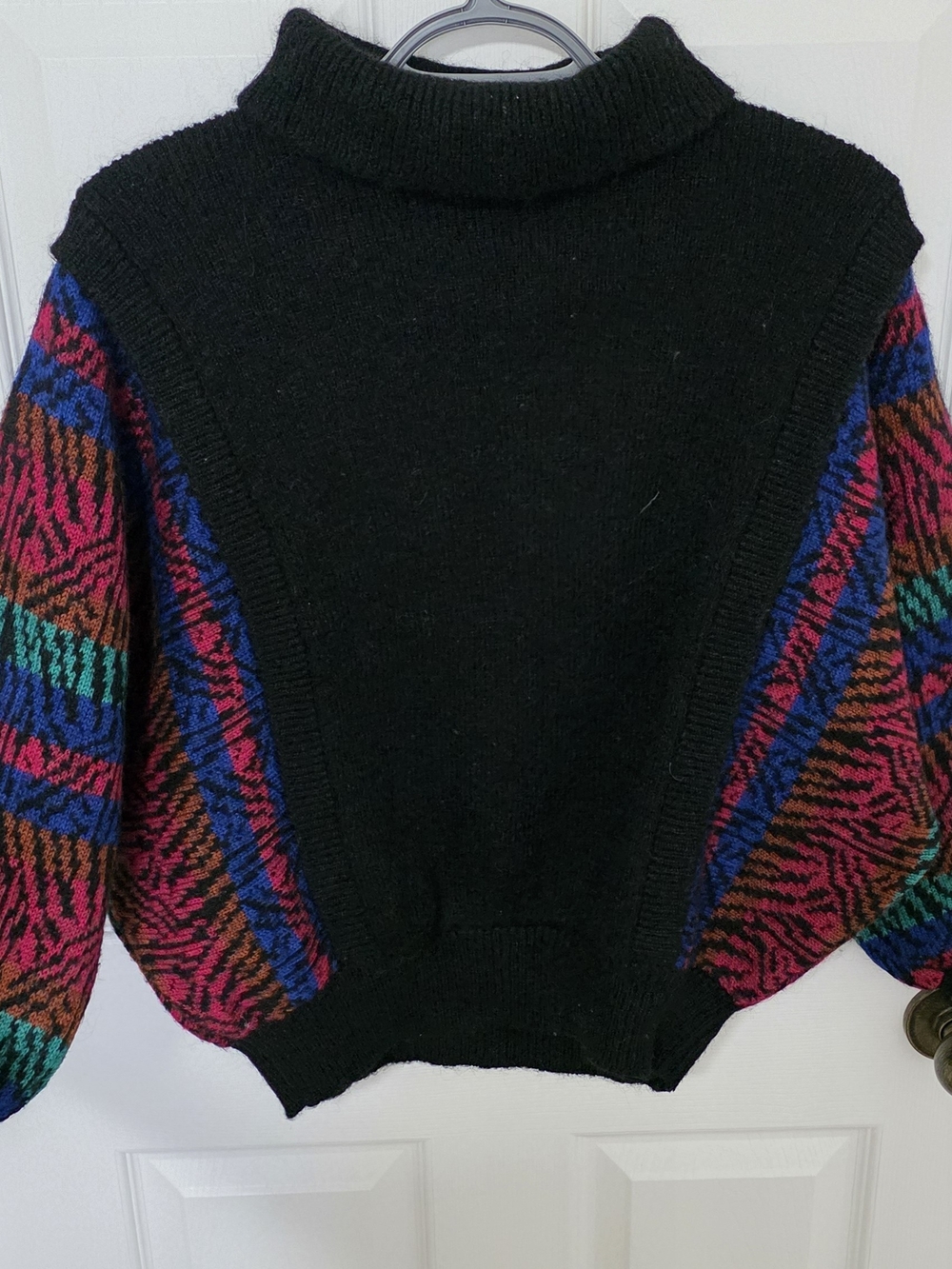 Micmac Paris Vintage Black Turtleneck Sweater with Multicolor Patterned Sleeves